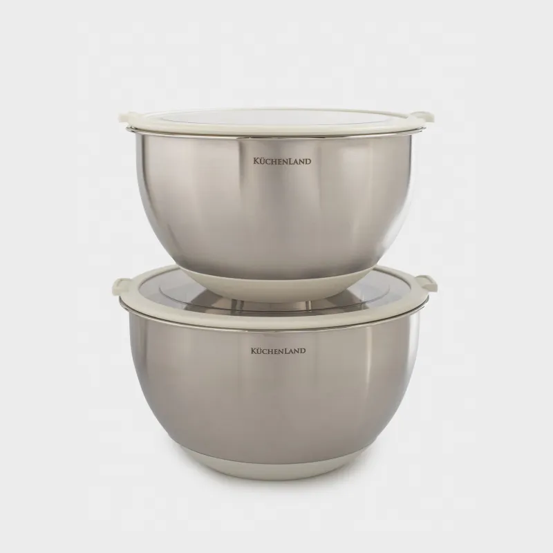 Миска, 2/3 л, 2 шт, с крышкой, антискользящее дно, сталь/пластик, бежевая, Terra new