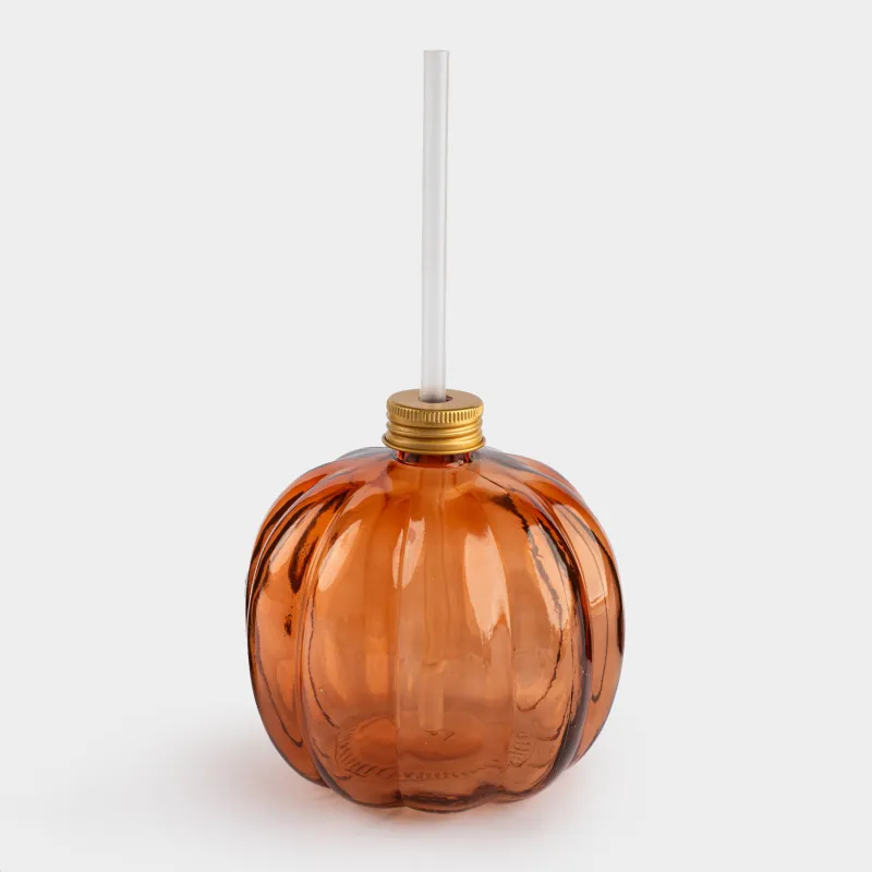 Банка для напитков, 600 мл, с крышкой и трубочкой, стекло, янтарная, Тыква, Pumpkin