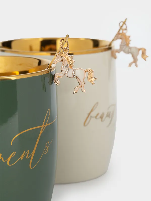 Кружка, 380 мл, 2 шт, с ложками, фарфор N/сталь, молочная/зеленая, Beautiful/Moments, Scroll, image-2