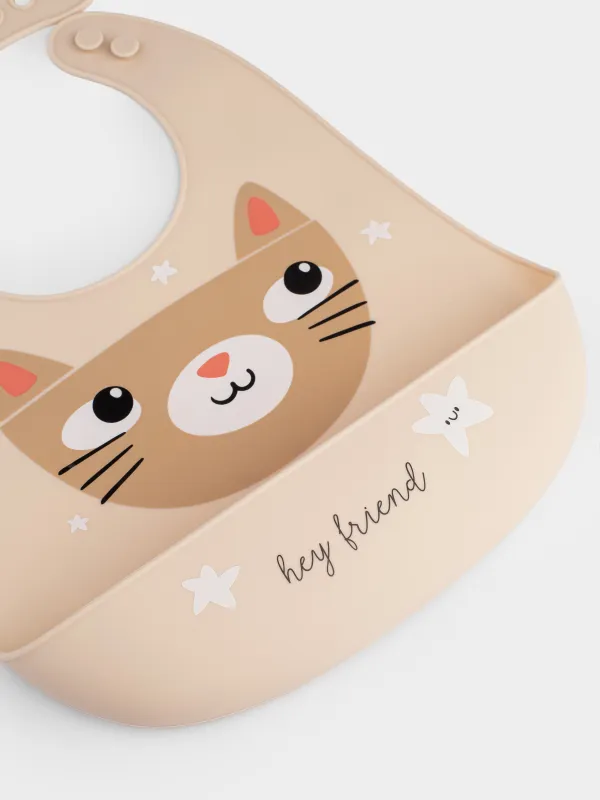Нагрудник, детский, 31x23 см, с карманом, силикон, бежевый, Котик, Kiddy, image-1