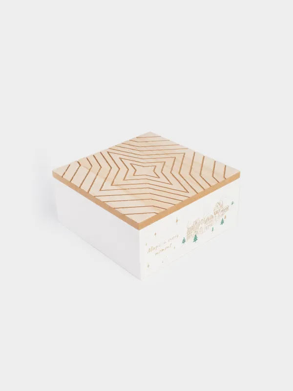 Коробка для чая, 17х17 см, 4 отд, дерево, квадратная, бежевая, Зимний город, Snow sparks, image-1