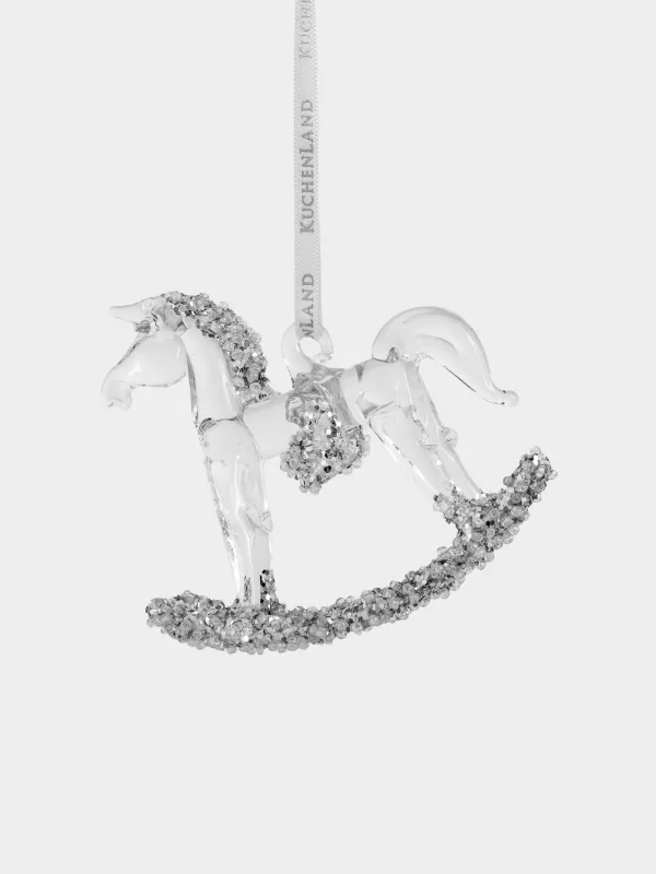 Игрушка елочная, 8х8 см, стекло, с блестками, серебристая, Лошадка-качалка, Figure sparkle, image-0
