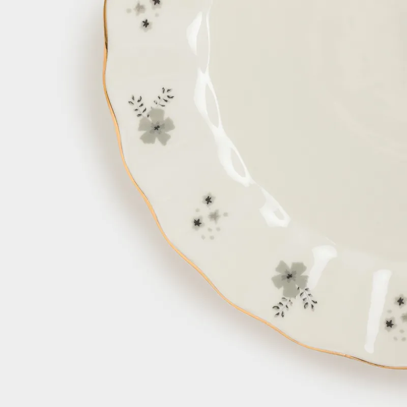 Тарелка десертная, 20 см, фарфор P, молочная, с золотистым кантом, Серые цветы, Florals, image-3