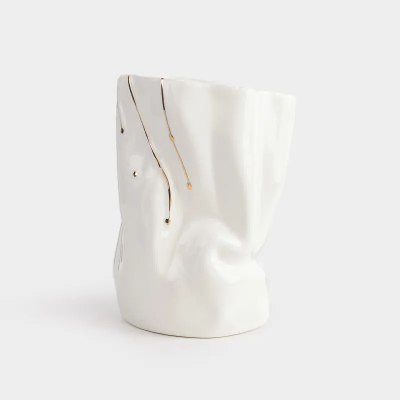 Подставка для косметических кистей, 11 см, керамика, молочно-золотистая, Мятый эффект, Crumple, image-1