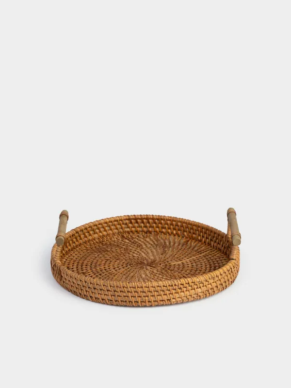 Поднос, 24 см, плетеный, с ручками, ротанг/дерево, круглый, Eco home, image-0