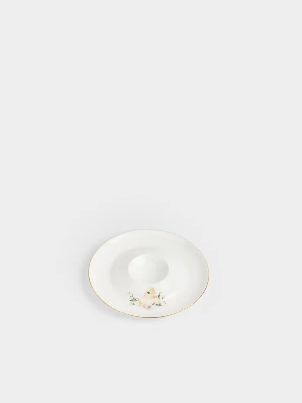 Подставка для яйца, 13 см, фарфор F, белая, с золотистым кантом, Цыпленок в цветах, Easter, image-1