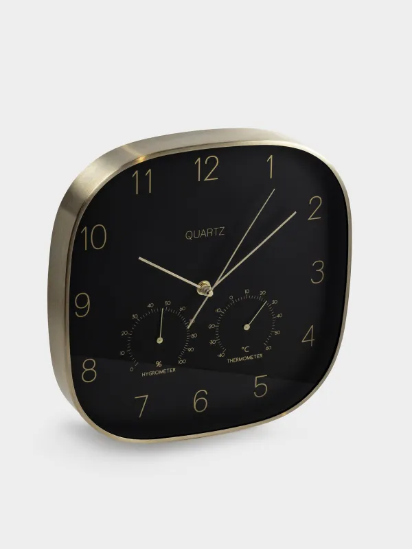 Часы настенные, 30 см, с термометром и гигрометром, металл/стекло, черные, Dial, image-1