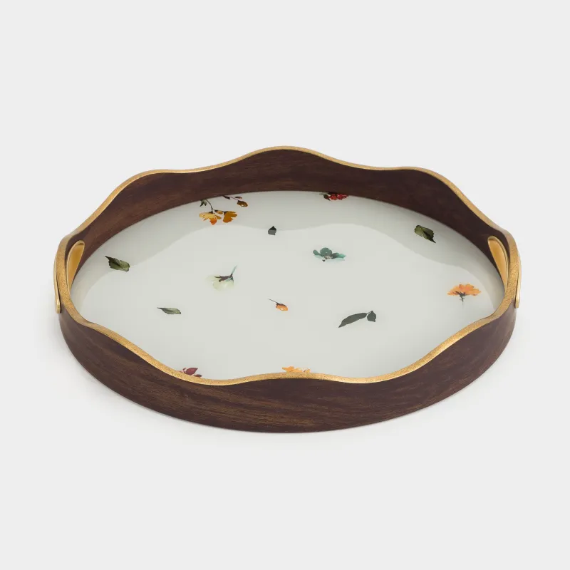 Поднос, 34 см, пластик/стекло, круглый, золотистый, Цветы, Generic flowers