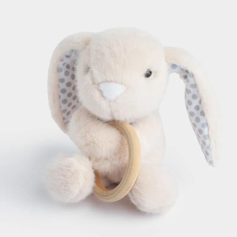 Игрушка-погремушка, 23 см, мягкая, полиэстер/дерево, бежевая, Зайка с кольцом, Rabbit, image-1