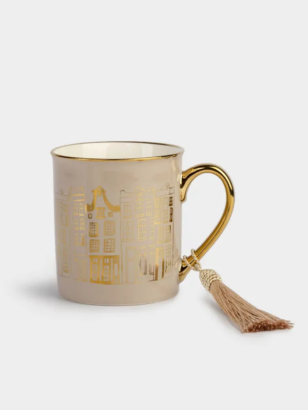 Кружка, 300 мл, с кисточкой, фарфор N, бежево-золотистая, Город, House built, image-0