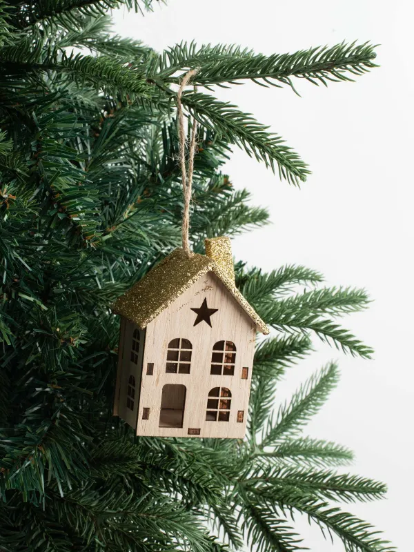 Игрушка елочная, 13 см, дерево, с блестками, Дом, Figure wood, image-4