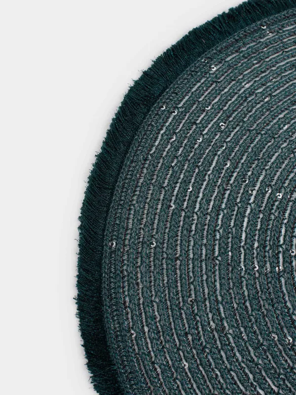 Салфетка под приборы, 38 см, с бахромой и пайетками, полиэстер, круглая, зеленая, Rotary shine, image-2