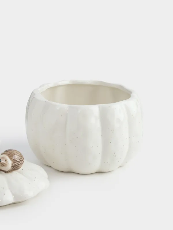 Емкость для хранения, 15х15 см, 970 мл, керамика, молочная, в крапинку, Еж на тыкве, Slight frost, image-1