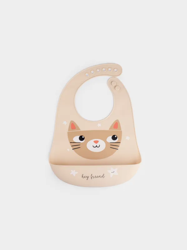 Нагрудник, детский, 31x23 см, с карманом, силикон, бежевый, Котик, Kiddy, image-0