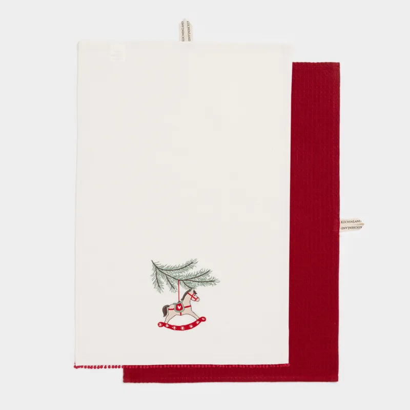 Полотенце кухонное, 40х60 см, 2 шт, хлопок, молочное/красное, Лошадка, Christmas traditions