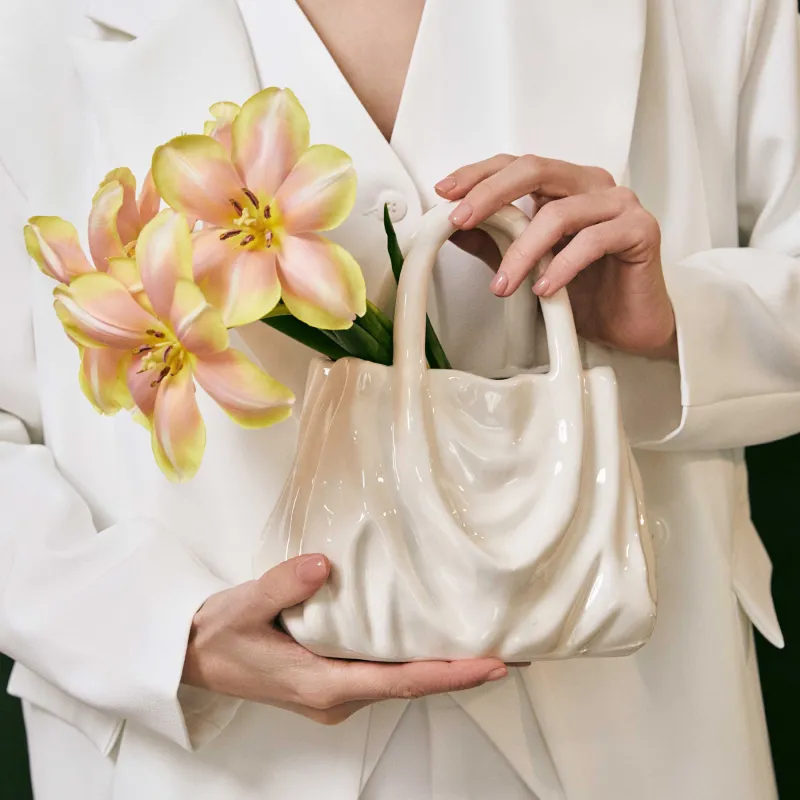 Ваза для цветов, 22 см, декоративная, с ручкой, Мятый эффект, Сумка, Crumple, image-7