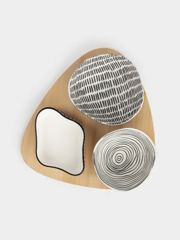 Набор для закусок, 3 пр, на подставке, керамика/дерево, черно-белый, Линии, Noble tree, image-2