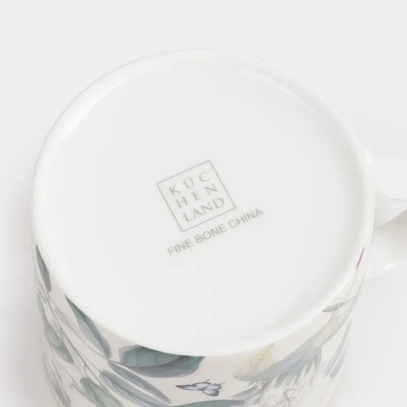 Кружка, 380 мл, фарфор F, бежевая, с золотистым кантом, Цветы и бабочка, Bloome, image-3