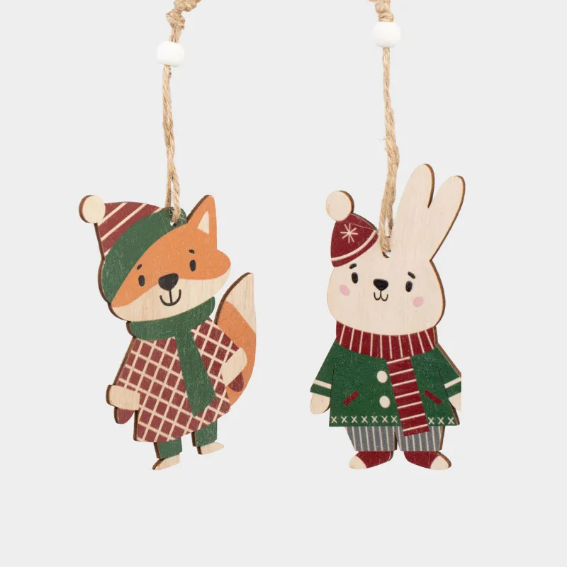 Набор елочных игрушек, 11 см, 2 шт, дерево/полиэстер, Лиса и заяц, Figure wood