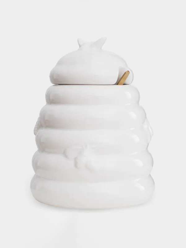 Банка для меда, 650 мл, с ложкой, керамика/сталь, молочная, Пчелы, Honey, image-1