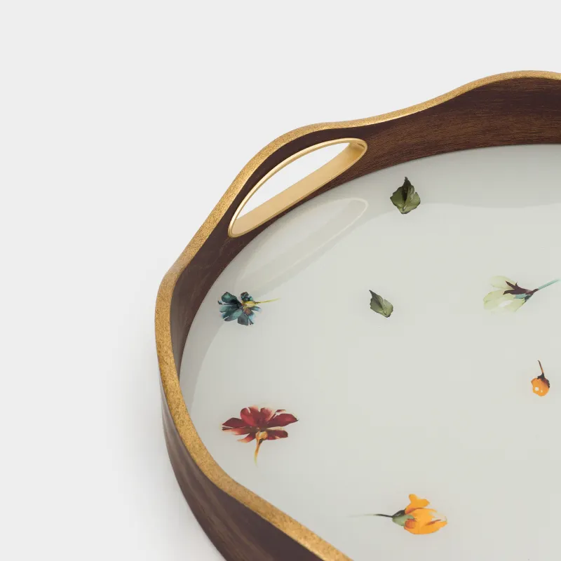 Поднос, 34 см, пластик/стекло, круглый, золотистый, Цветы, Generic flowers, image-5