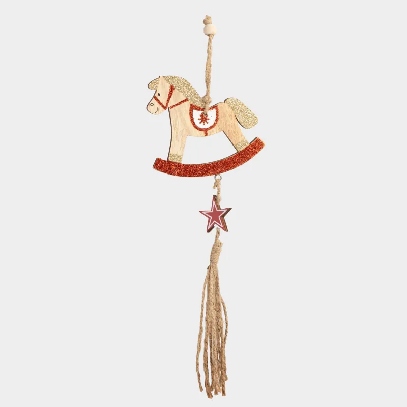 Игрушка елочная, 12 см, с кисточкой, дерево, с блестками, Лошадка, Figure wood