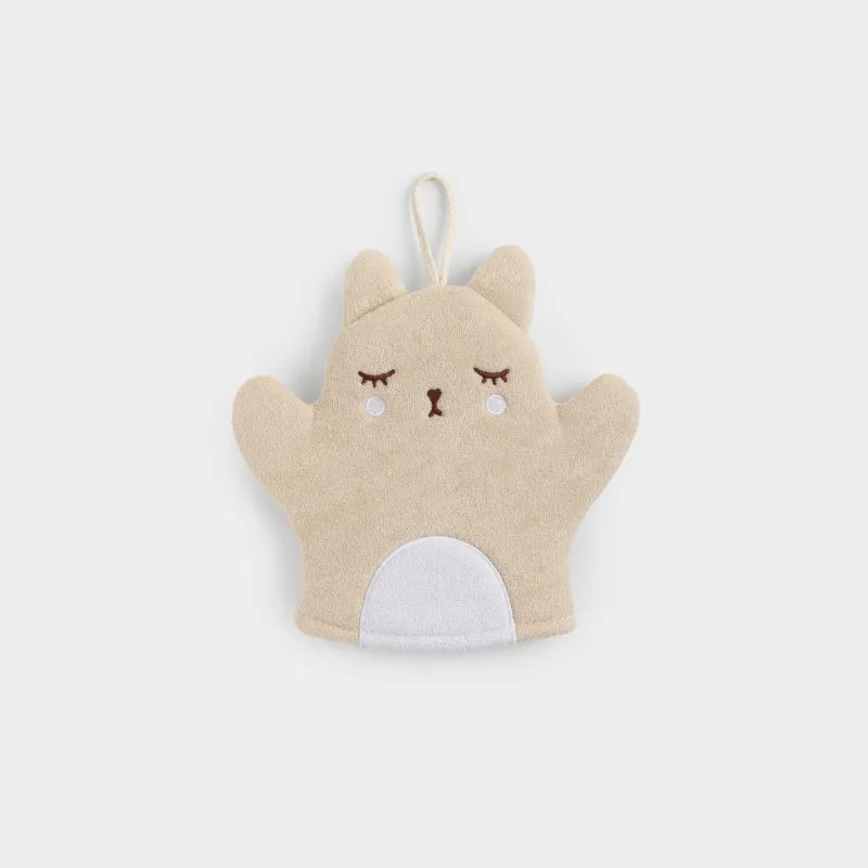 Мочалка-варежка для мытья тела, 20х17 см, детская, полиэстер, бежево-белая, Кошка, Cat