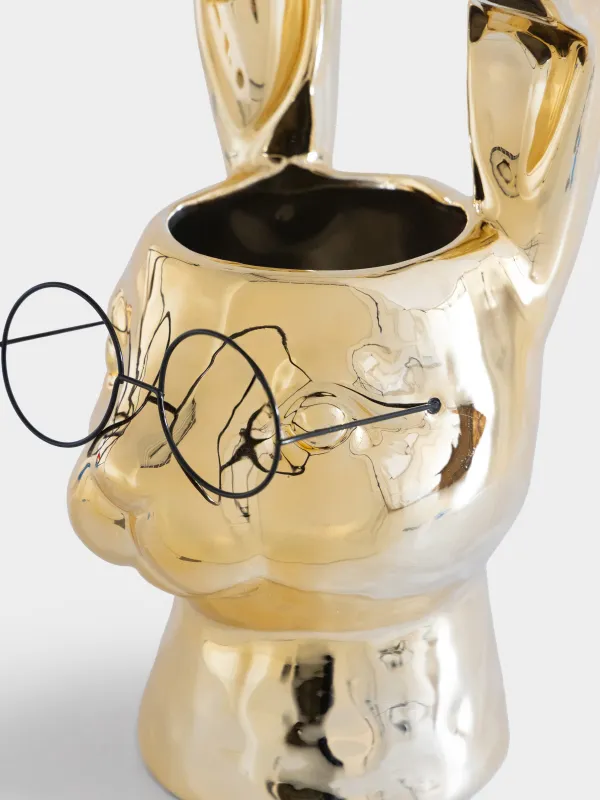 Ваза для цветов, 30 см, декоративная, фарфор P/металл, золотистая, Кролик в очках, Rabbit gold, image-2