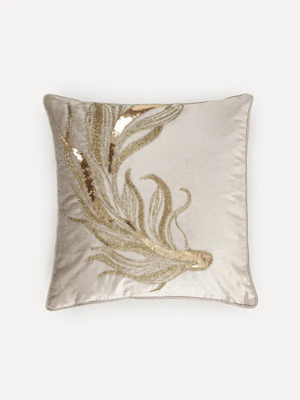 Подушка декоративная, 50х50 см, вельвет/бисер, бежевая, Рыбки, Goldfish, image-0