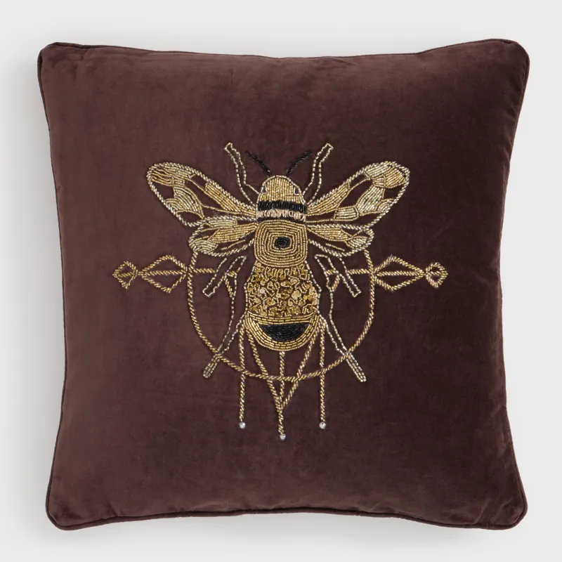 Подушка декоративная, 50х50 см, вельвет/бисер, коричневая, Шмель, Bugs