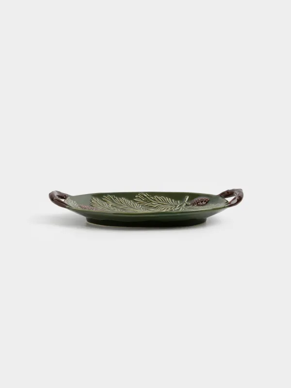 Блюдо, 29х19х5 см, с ручками, керамика, зеленое, Шишки на еловых ветках, Forest whispers, image-1