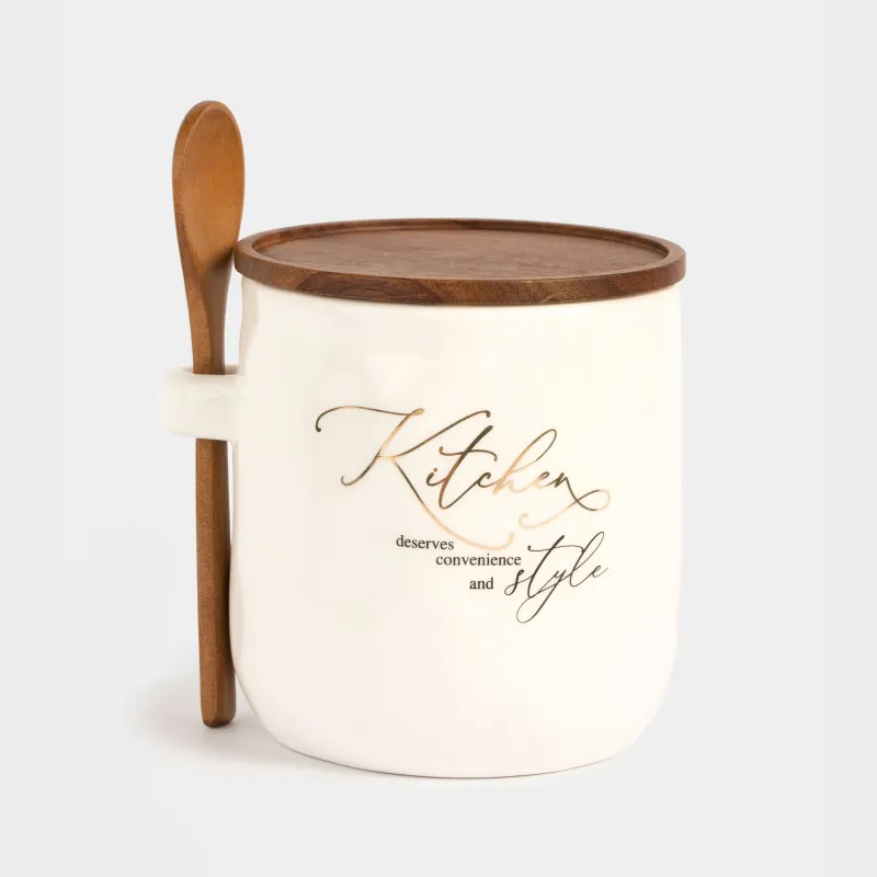 Емкость для хранения, 12x12 см, 650 мл, с ложкой, керамика/дерево, Мятый эффект, Crumple kitchen