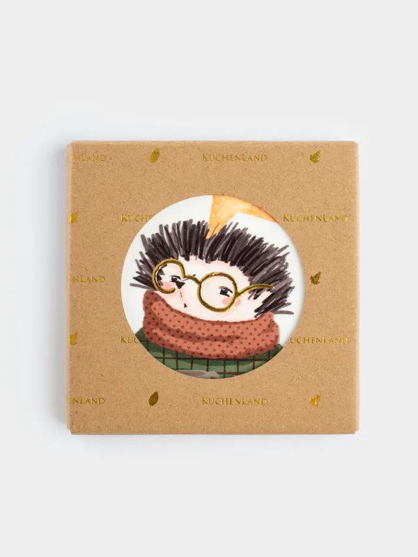 Подставка под кружку, 11х11 см, квадратная, керамика/пробка, белая, Еж в очках, Forest animals, image-4