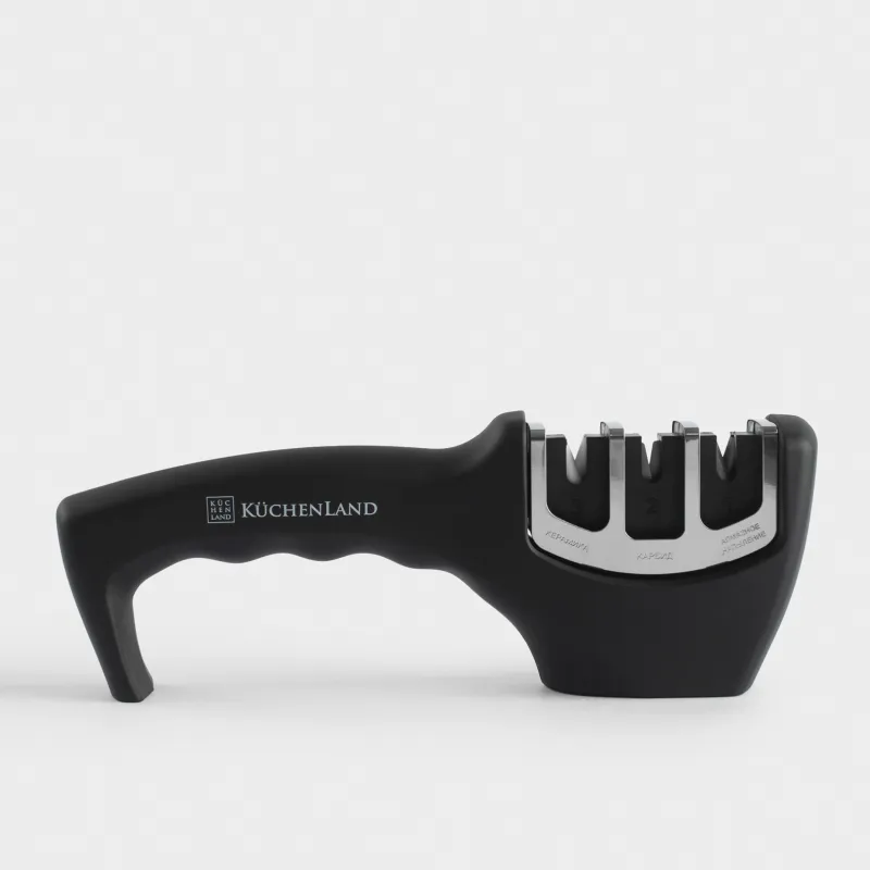 Точило для ножей, 20 см, три этапа заточки, пластик/сталь, черное, Accessories