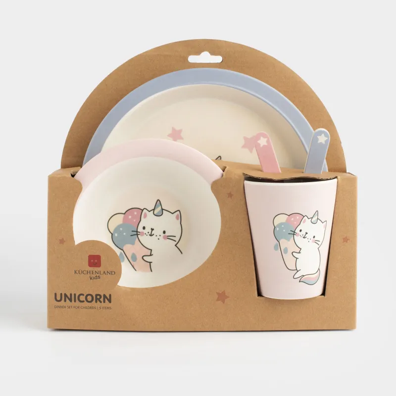 Набор посуды, детский, 1 перс, 5 пр, бамбук, розово-голубой, Кот-единорог, Cat-unicorn, image-8