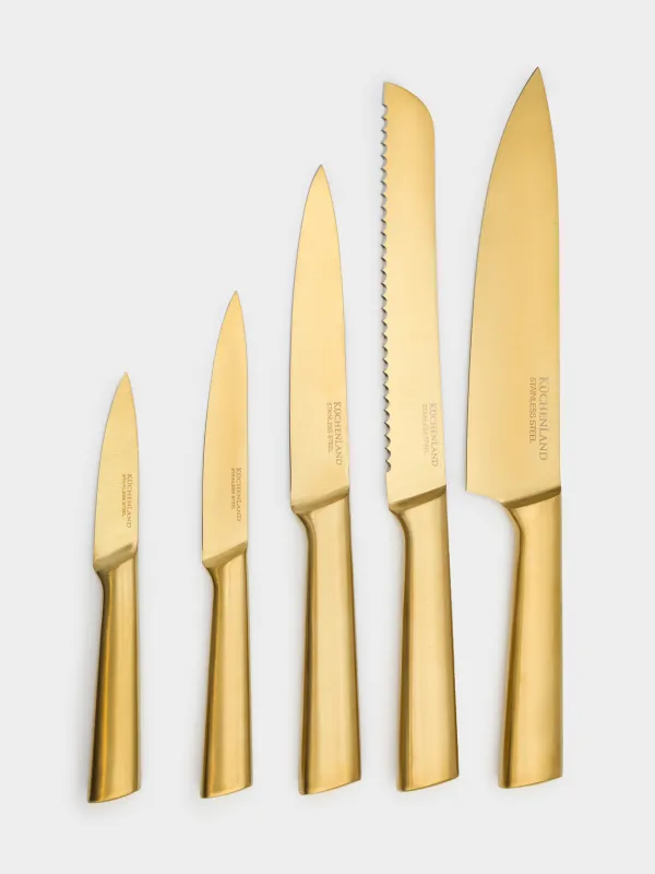 Набор ножей, 5 пр, в подставке, сталь/пластик, золотистый/молочный, Ritlen, image-5