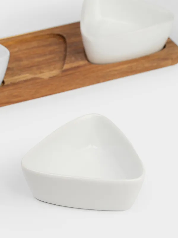 Набор для закусок, 3 пр, на подставке, керамика/дерево, белый, Треугольники, Noble tree, image-3