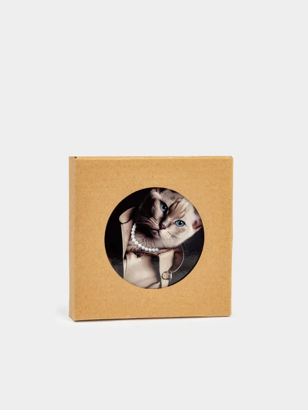 Подставка под кружку, 11 см, круглая, керамика/пробка, Кошка в пальто, On style, image-3