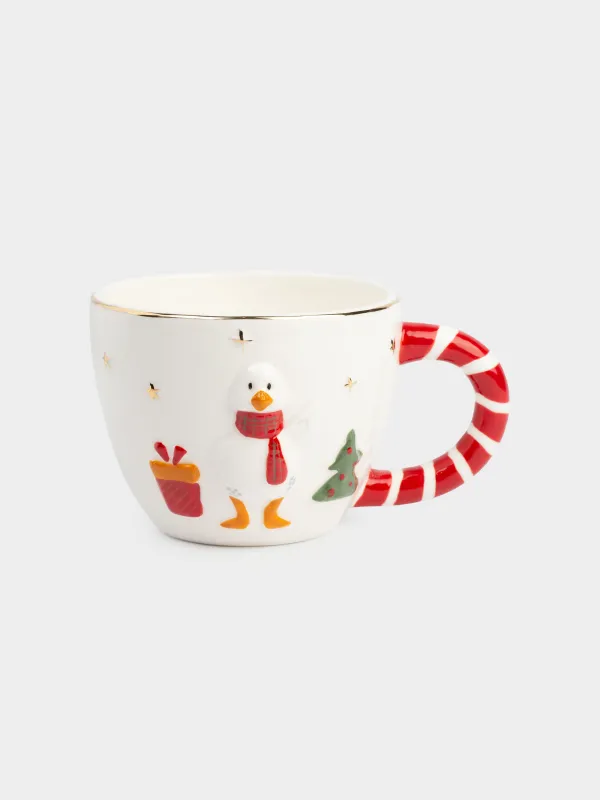 Кружка, 450 мл, фарфор P, молочно-красная, Гусь в шарфе, Goose, image-0