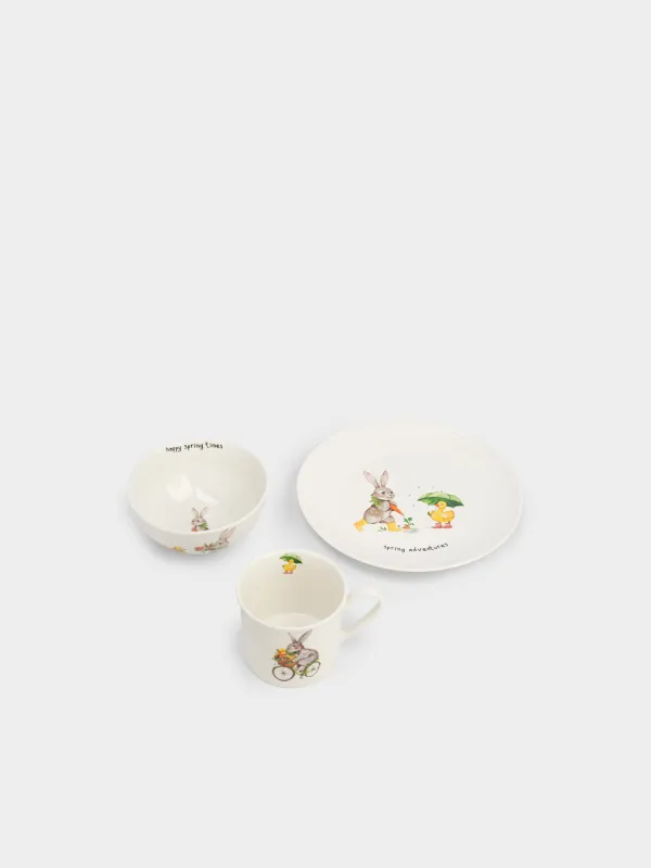 Набор посуды, детский, 1 перс, 3 пр, фарфор N, белый, Кролик и утенок, Easter Kids, image-2