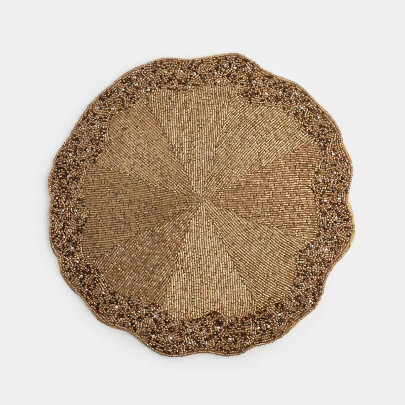 Салфетка под приборы, 36 см, бисер, круглая, золотистая, Волнистые края, Art beads