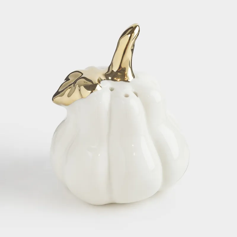 Емкость для соли или перца, 9 см, фарфор P, молочно-золотистая, Тыква с листом, Golden glow