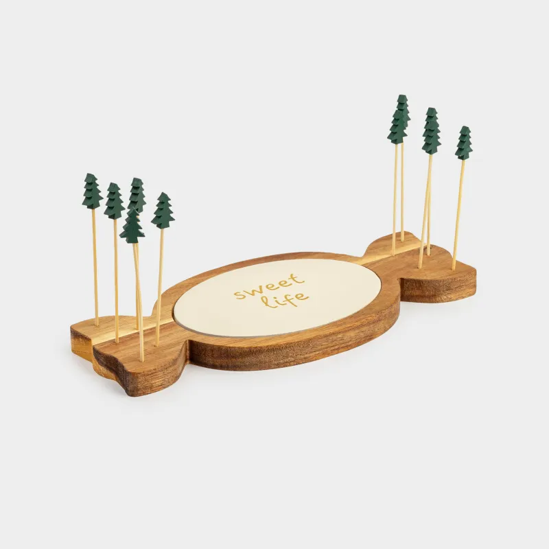 Набор для закусок, 2 пр, на подставке, со шпажками, керамика/дерево, Конфета, Noble tree