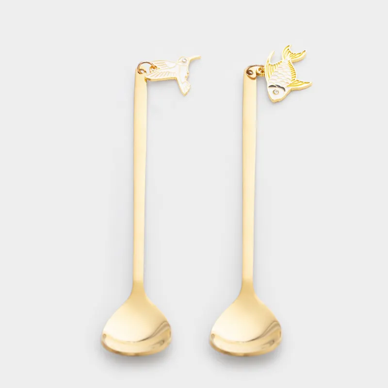 Ложка десертная, 14 см, 2 шт, сталь, золотистая, Птица/Рыбка, Goldfish