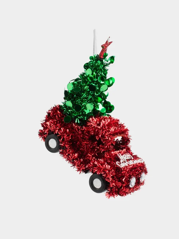 Игрушка елочная, 15 см, мишура/пластик, красная, Машина с елью, Tinsel christmas, image-3