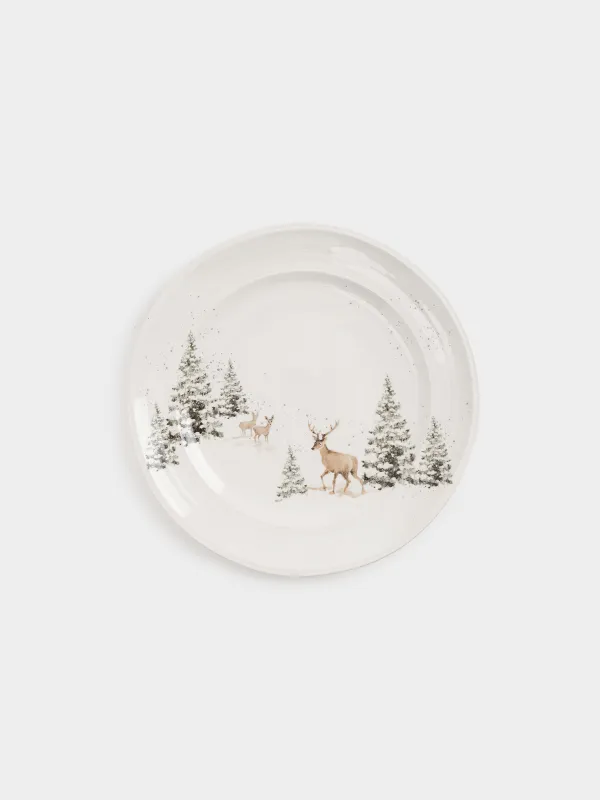 Тарелка обеденная, 27 см, керамика D, белая, Олени в снежном лесу, Woodland story, image-0