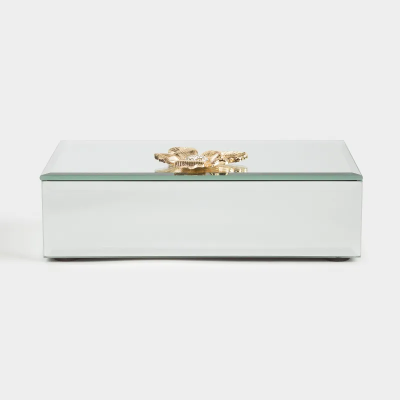 Шкатулка для украшений, 15x9 см, стекло, зеркальная, Золотистый цветок, Glossy, image-1