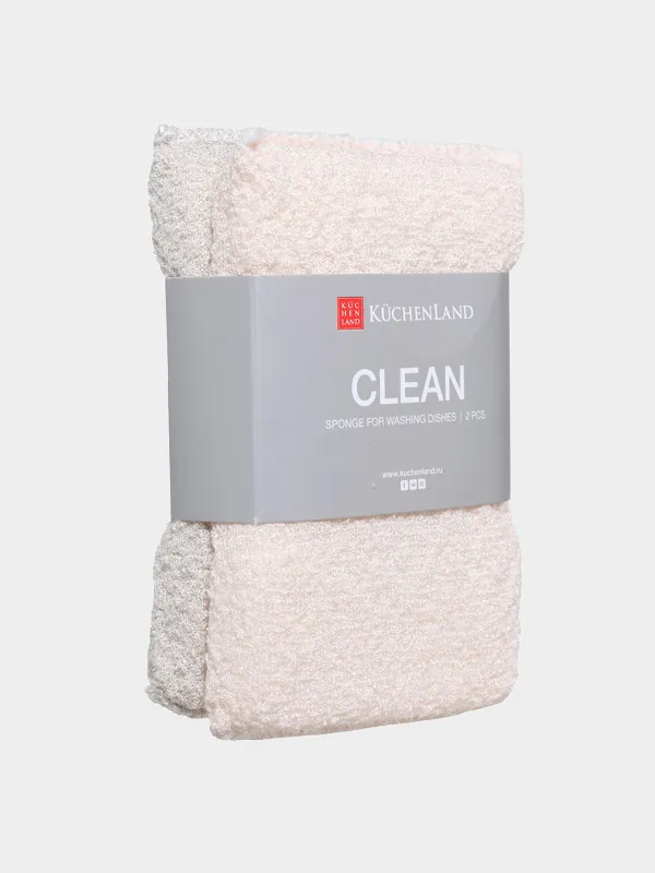 Губка для мытья посуды, 14х9 см, 2 шт, микрофибра/поролон, бежевая, Clean, image-1