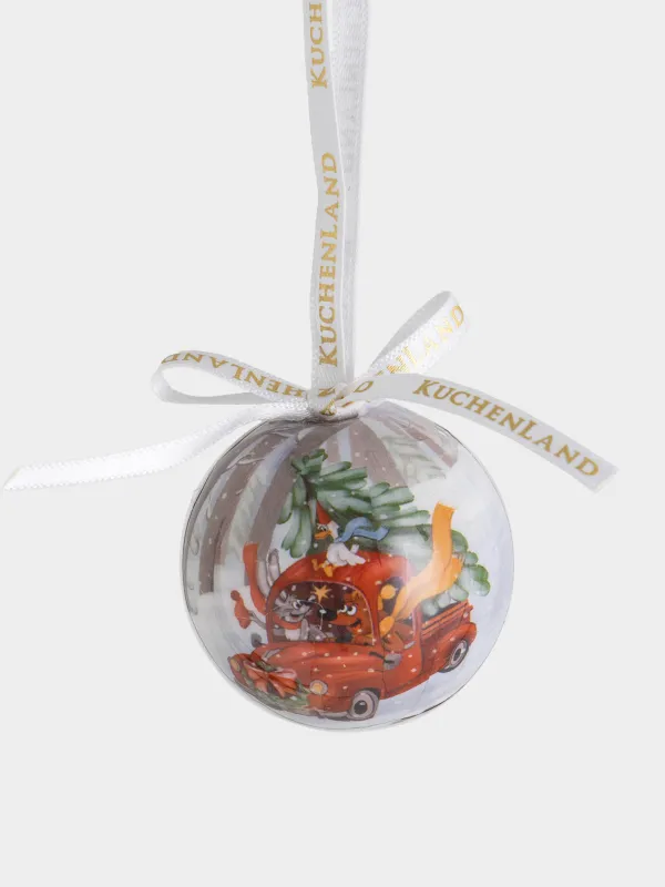 Игрушка елочная, 5 см, пенопласт, Шар, Машинка со зверятами, Ball print, image-0