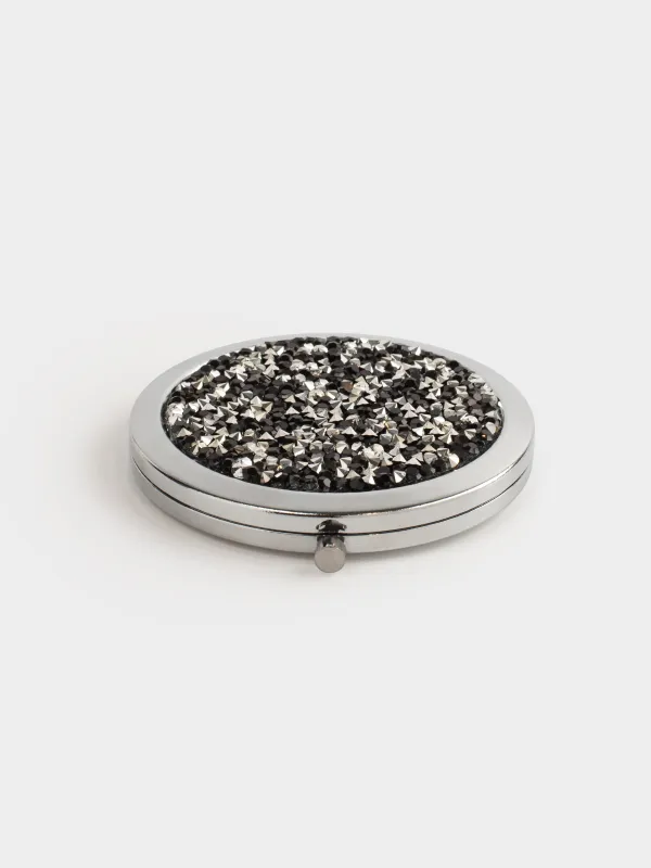 Зеркало карманное, 7 см, двустороннее, сталь, серебристое, Черные блестки, Actress, image-2